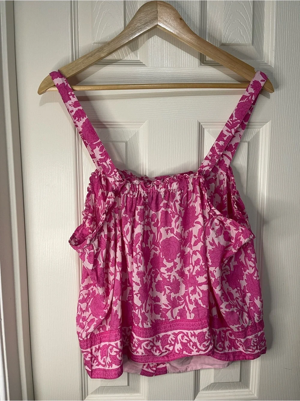 J Crew Preppy Pink Button-front Tank Tiny Rosebud Floral Ruffle lightweight LG.